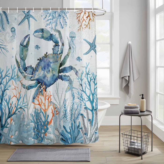 Bedliving Shower Curtain for Bathroom Crab Blue Decorative Shower Curtains Set with 12 Hooks Ocean Coral Starfish Bath Curtain Bedliving Waterproof Fabric 72x72 inch