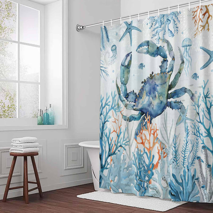 Bedliving Shower Curtain for Bathroom Crab Blue Decorative Shower Curtains Set with 12 Hooks Ocean Coral Starfish Bath Curtain Bedliving Waterproof Fabric 72x72 inch