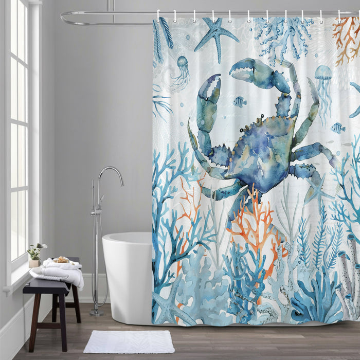 Bedliving Shower Curtain for Bathroom Crab Blue Decorative Shower Curtains Set with 12 Hooks Ocean Coral Starfish Bath Curtain Bedliving Waterproof Fabric 72x72 inch