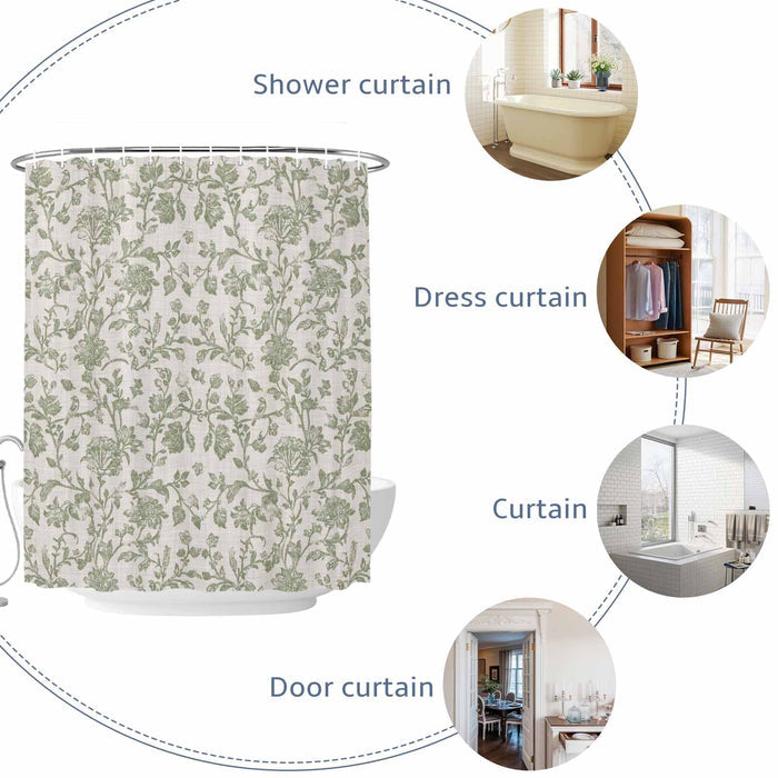 Bedliving Shower Curtain for Bathroom Light Green Floral Decorative Shower Curtains Set with 12 Hooks Retro Farmhouse Botanical Leaf Branch Bath Curtain Waterproof Fabric 72x72 inch