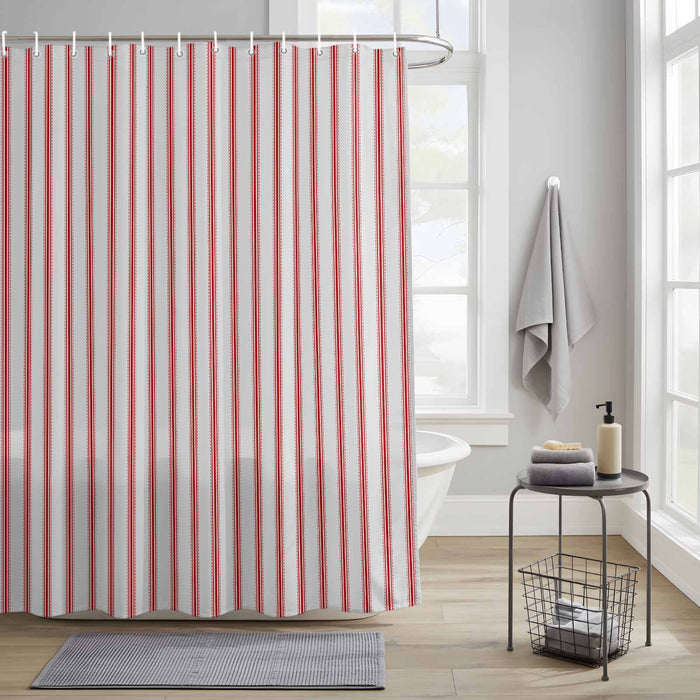 Bedliving Shower Curtain for Bathroom Red Stripes Decorative Shower Curtains Set with 12 Hooks Red Beige Vertical Striped Bath Curtain Bedliving Waterproof Fabric 72x72 inch