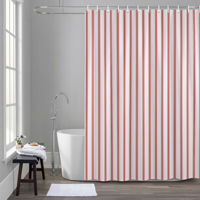 Bedliving Shower Curtain for Bathroom Red Stripes Decorative Shower Curtains Set with 12 Hooks Red Beige Vertical Striped Bath Curtain Bedliving Waterproof Fabric 72x72 inch