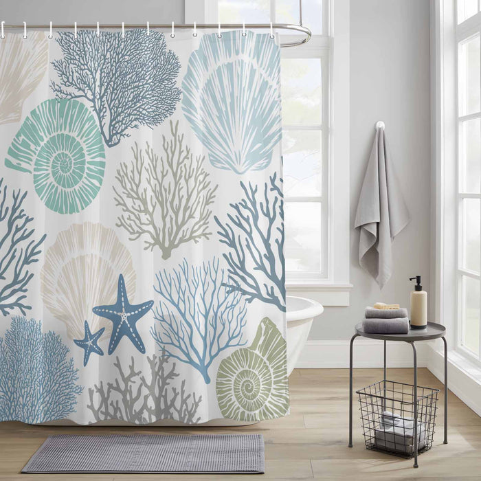 Bedliving Shower Curtain for Bathroom Starfish Blue Decorative Shower Curtains Set with 12 Hooks Coastal Ocean Coral Shell Bath Curtain Bedliving Waterproof Fabric 72x72 inch