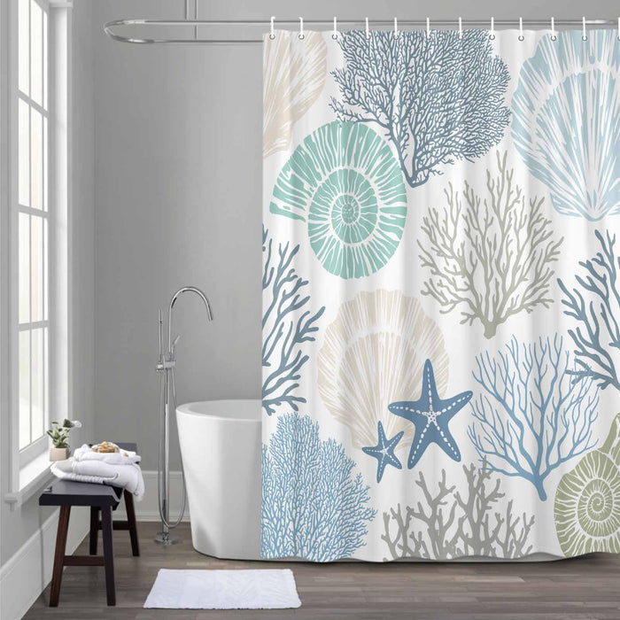 Bedliving Shower Curtain for Bathroom Starfish Blue Decorative Shower Curtains Set with 12 Hooks Coastal Ocean Coral Shell Bath Curtain Bedliving Waterproof Fabric 72x72 inch