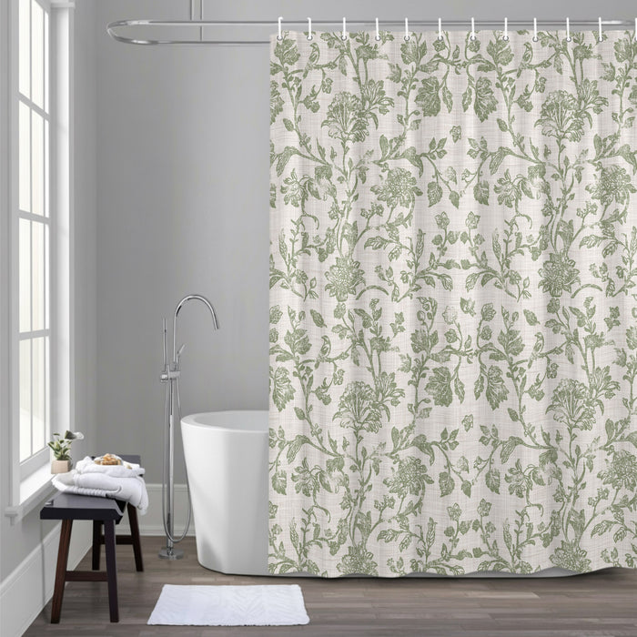 Shower Curtain for Bathroom Light Green Floral Decorative Shower Curtains Set with 12 Hooks Retro Farmhouse Botanical Leaf Branch Bath Curtain Waterproof Fabric 72x72 inch